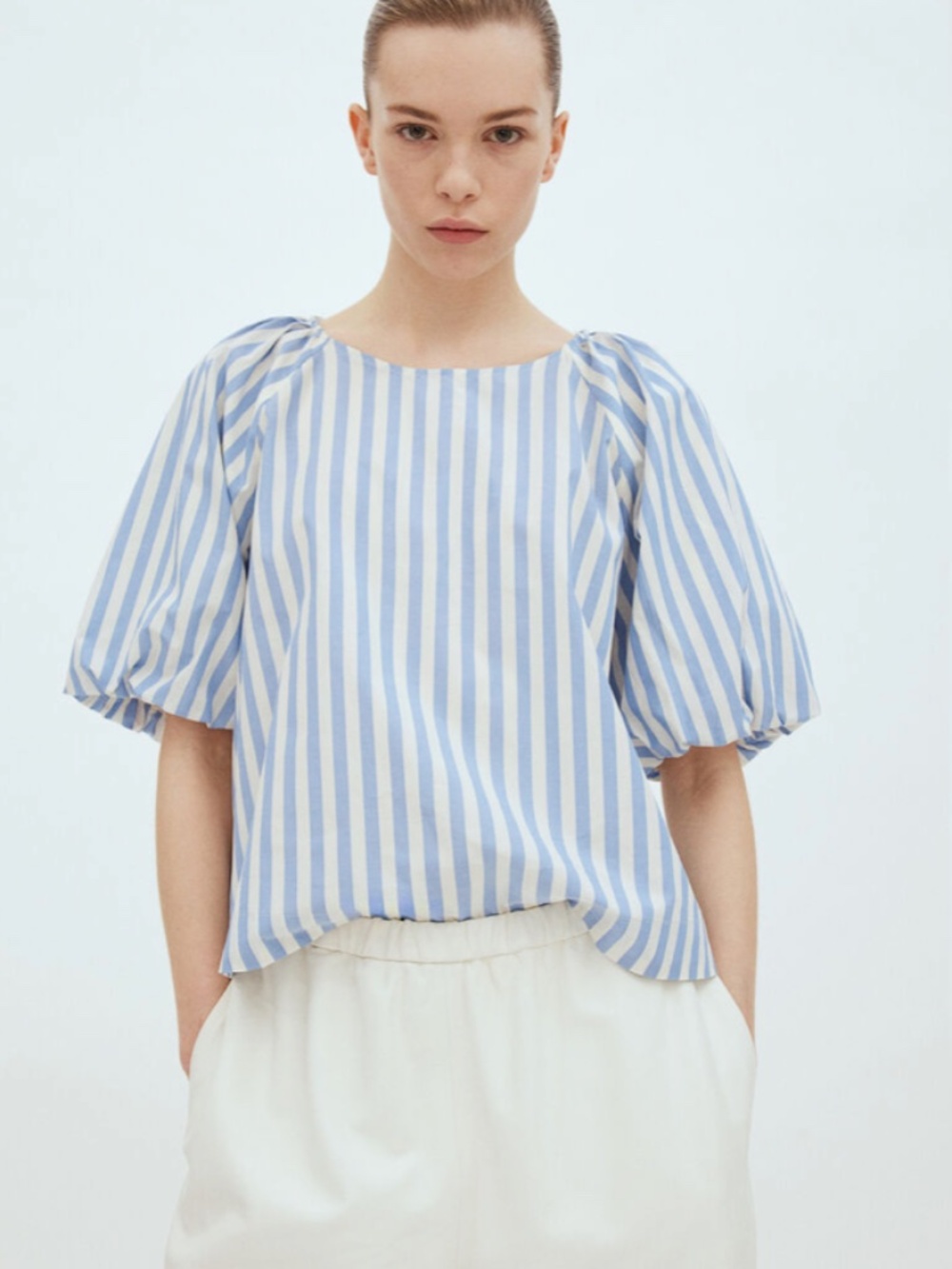 H&M Blue White Striped Cotton Puff Sleeve Balloon Blouse Top Boho Costal
